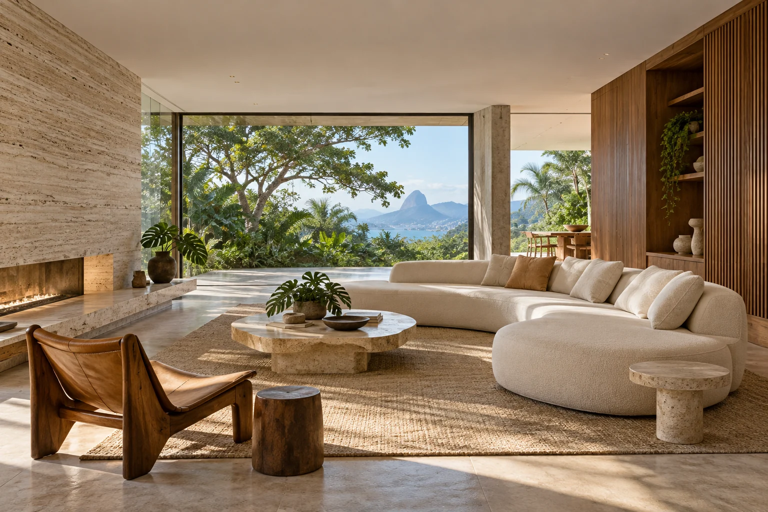 Conceito ilustrativo de interior contemporâneo com madeira, pedra e luz natural